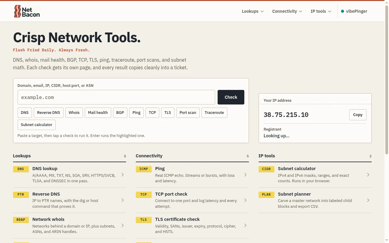 Net Bacon's public network tools homepage