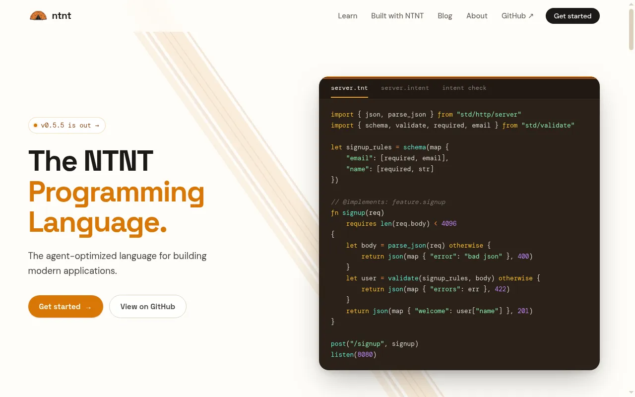 The NTNT language website homepage